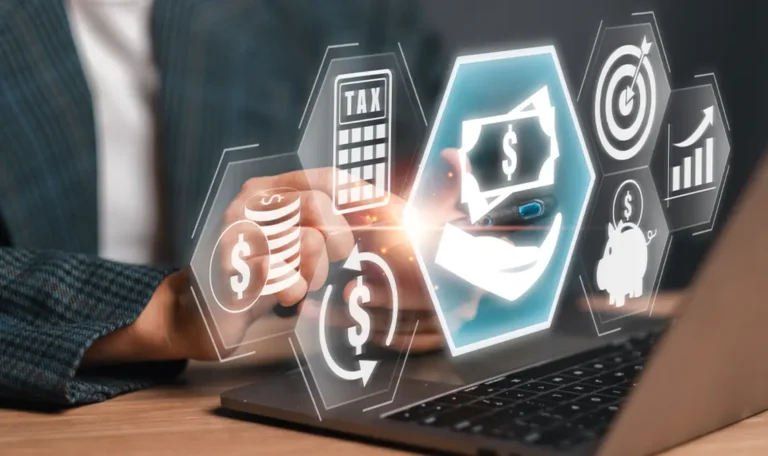 A businessman interacts with payroll concept icons on a laptop, symbolizing financial management, tax calculation, and business operations.